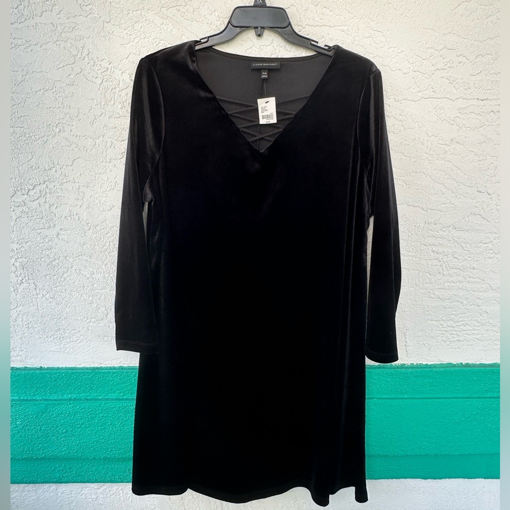 Lane Bryant Velour Midi Black A-line Stretch Criss Cross V Neck 18/20 Dress NWT